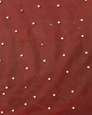 Red And White Pearl Polyester Net Embroidered Fabric