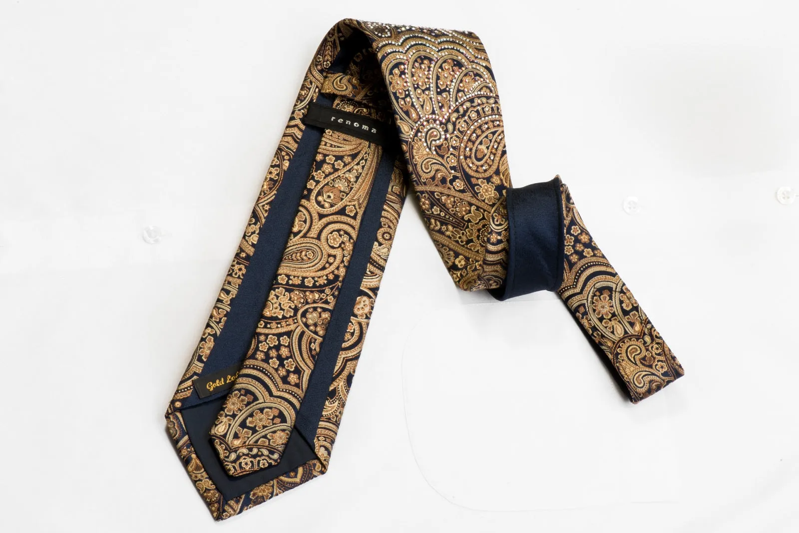 Renoma Rhinestone Silk Tie Gold Paisley On Navy With Sparkles