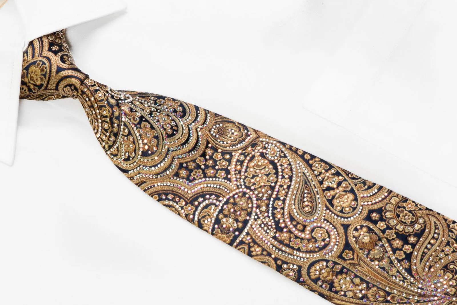 Renoma Rhinestone Silk Tie Gold Paisley On Navy With Sparkles