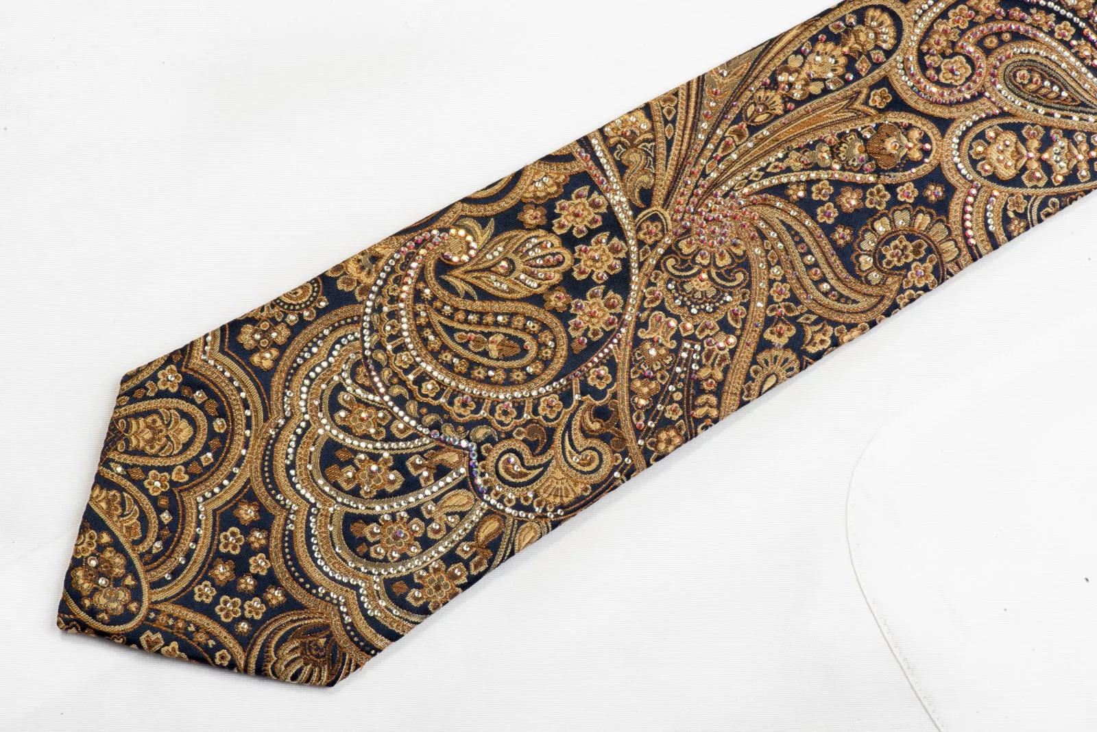 Renoma Rhinestone Silk Tie Gold Paisley On Navy With Sparkles