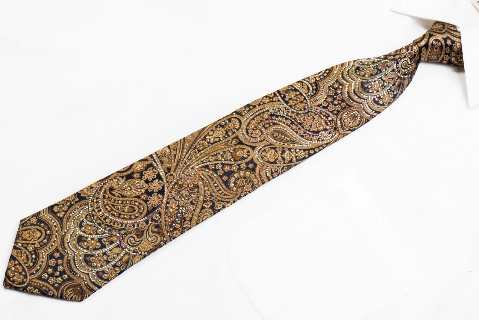 Renoma Rhinestone Silk Tie Gold Paisley On Navy With Sparkles