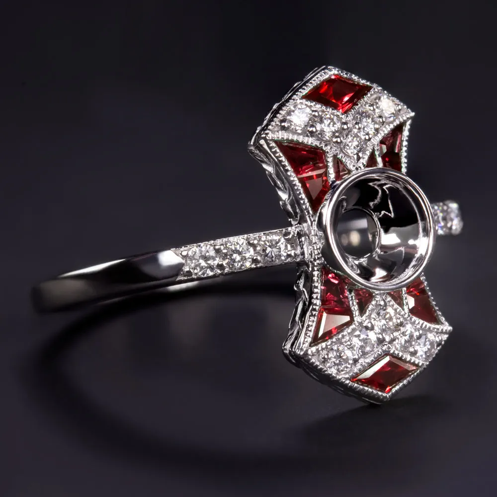 RUBY DIAMOND ART DECO VINTAGE STYLE RING SETTING ROUND CUT SETTING SEMI MOUNT