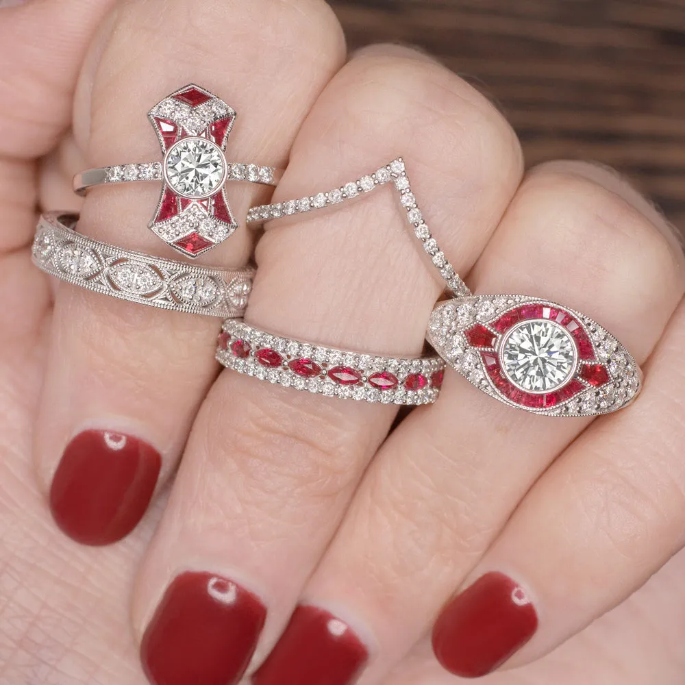 RUBY DIAMOND ART DECO VINTAGE STYLE RING SETTING ROUND CUT SETTING SEMI MOUNT