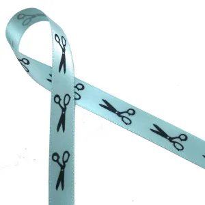 Scissors ribbon in black silhouette printed on 5/8" light blue single face satin