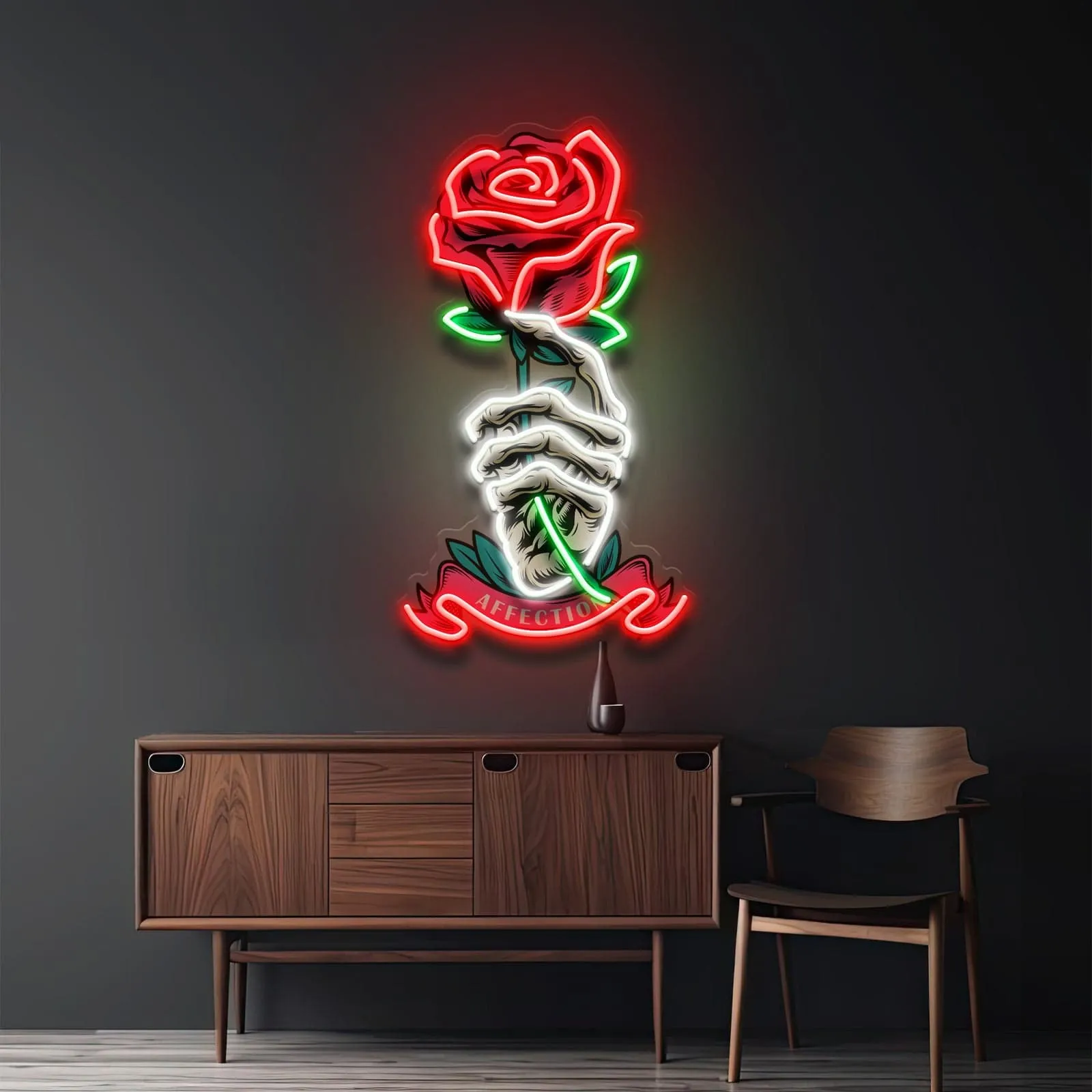 Skeletal Hand with Rose Neon Sign Striking Design for Home Bars Studios