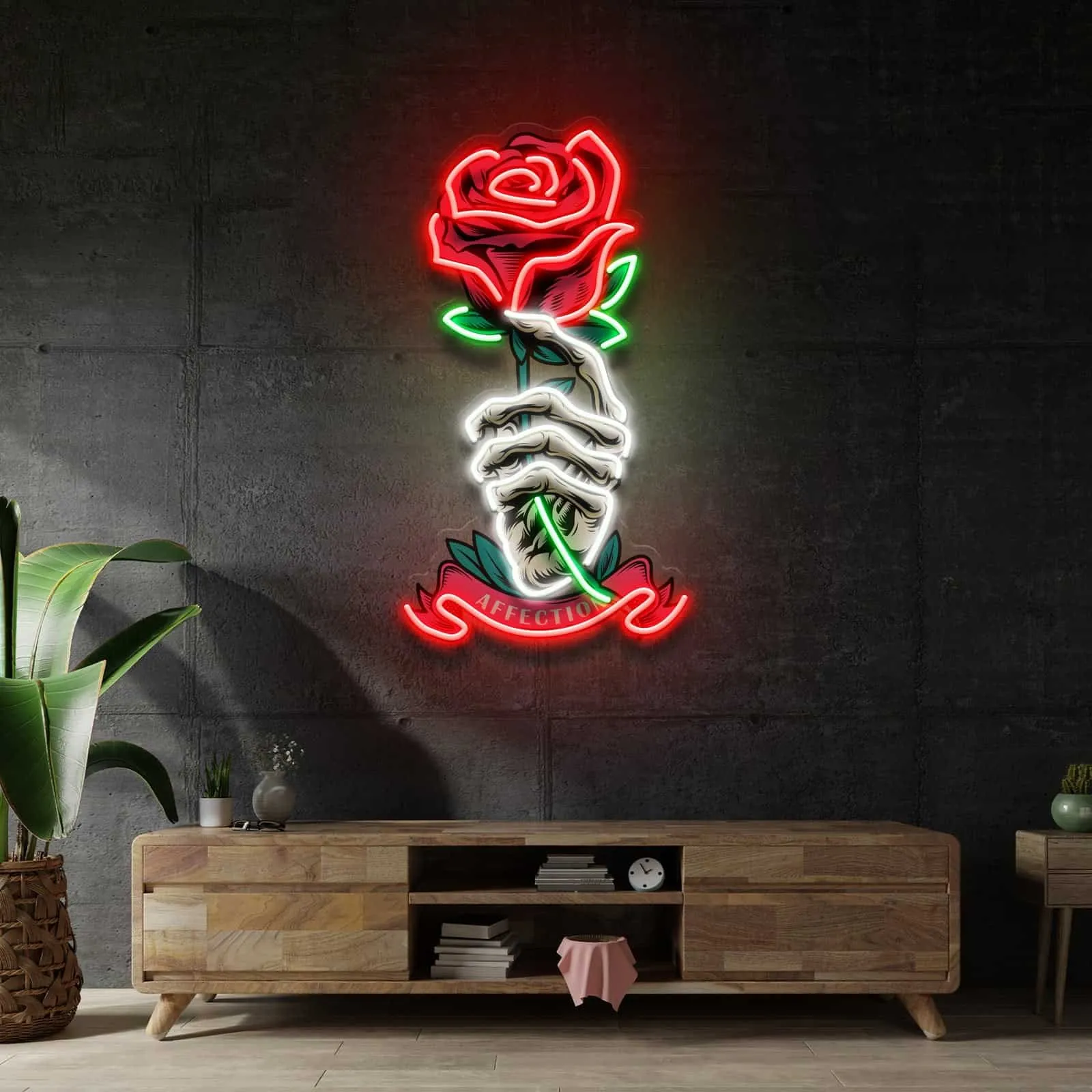 Skeletal Hand with Rose Neon Sign Striking Design for Home Bars Studios