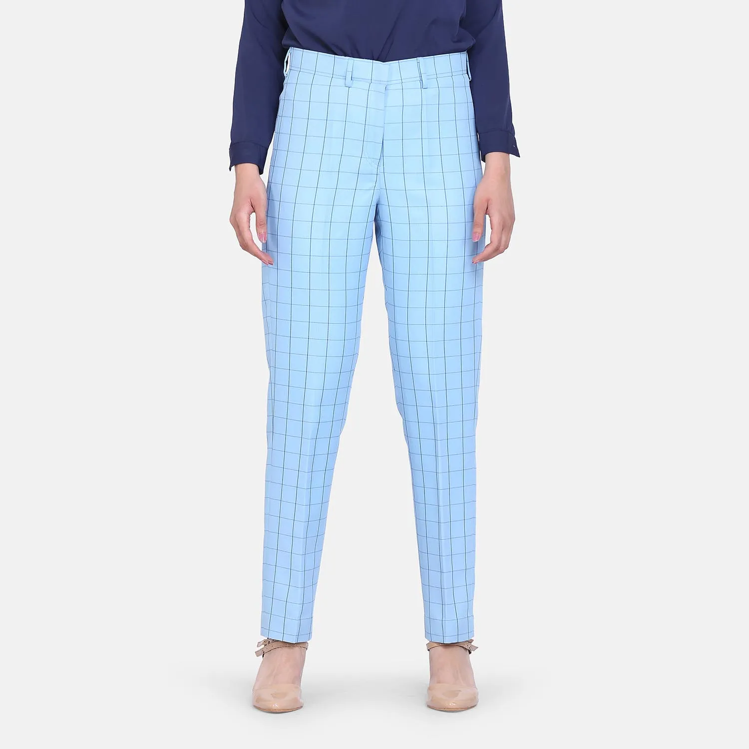 Sky Blue Check Poly Cotton Trouser