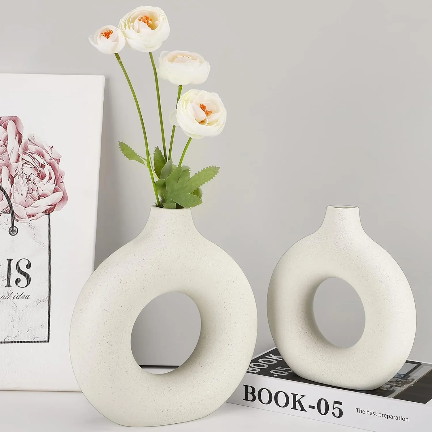 SPHINX Ceramic Donut Vase, Flower Vase Pampas Grass Vase, Vase Home Decor Centrepiece Decor for Home, Office, or Gifts-Vase Only - (White (6 & 8 Inches Set))