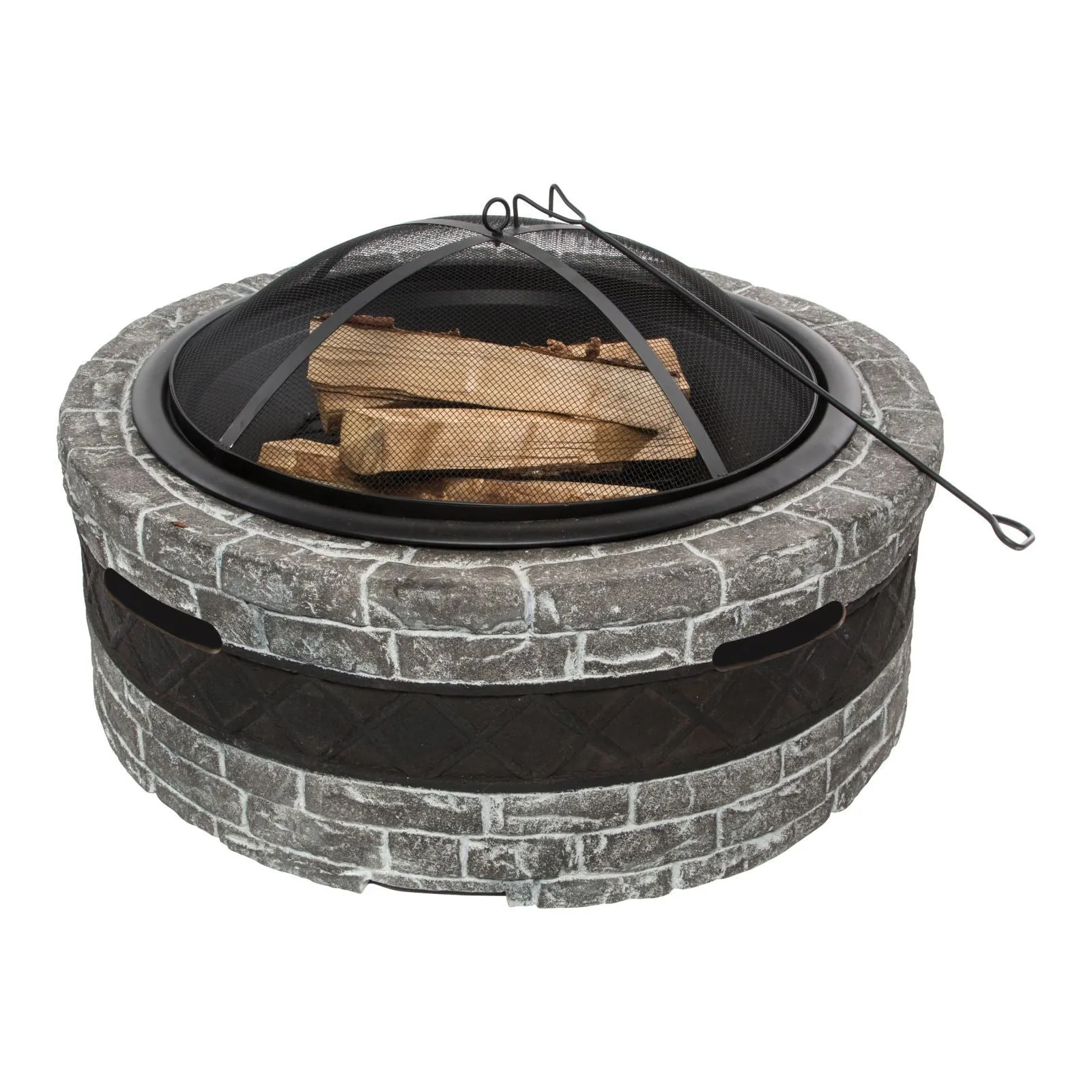 Sun Joe SJFP28-STN-CS 28-Inch Cast Stone Base, Wood Burning 24-Inch Fire Pit w/Dome Screen and Poker, Charcoal Gray