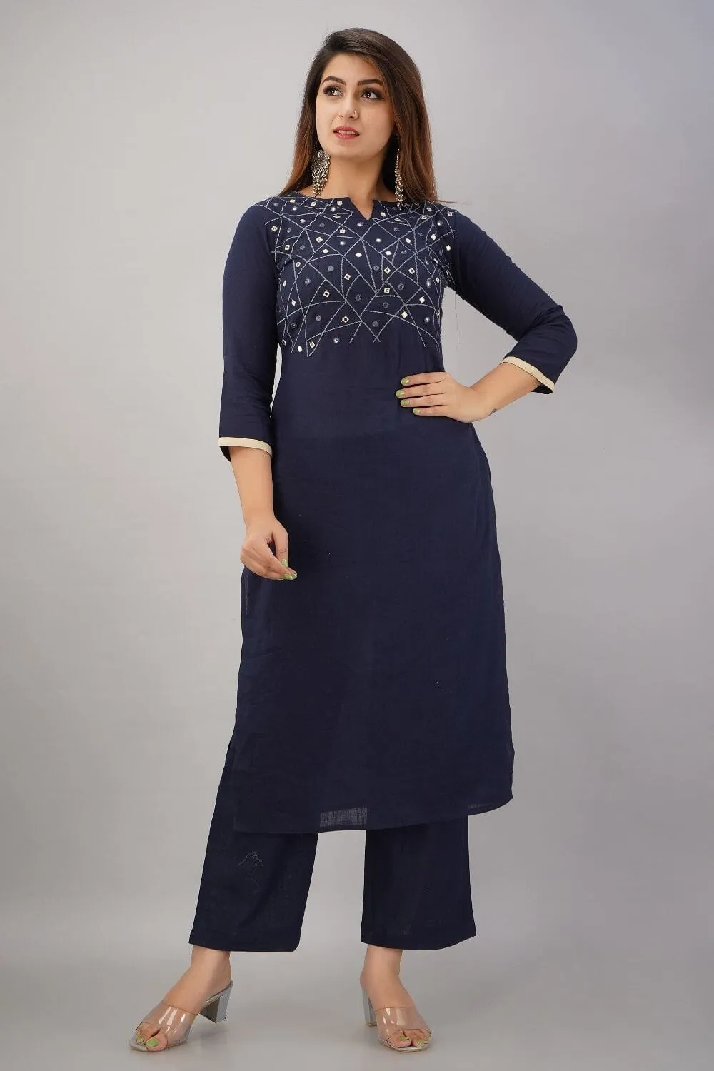 SVARCHI Women's Cotton Slub Embroidered Straight Kurta & Palazzo Set (Navy Blue)