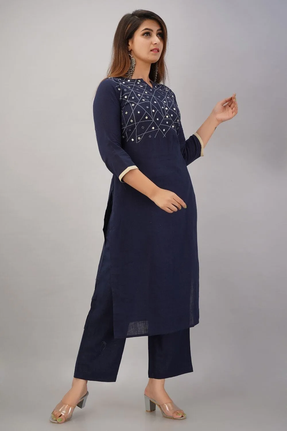 SVARCHI Women's Cotton Slub Embroidered Straight Kurta & Palazzo Set (Navy Blue)