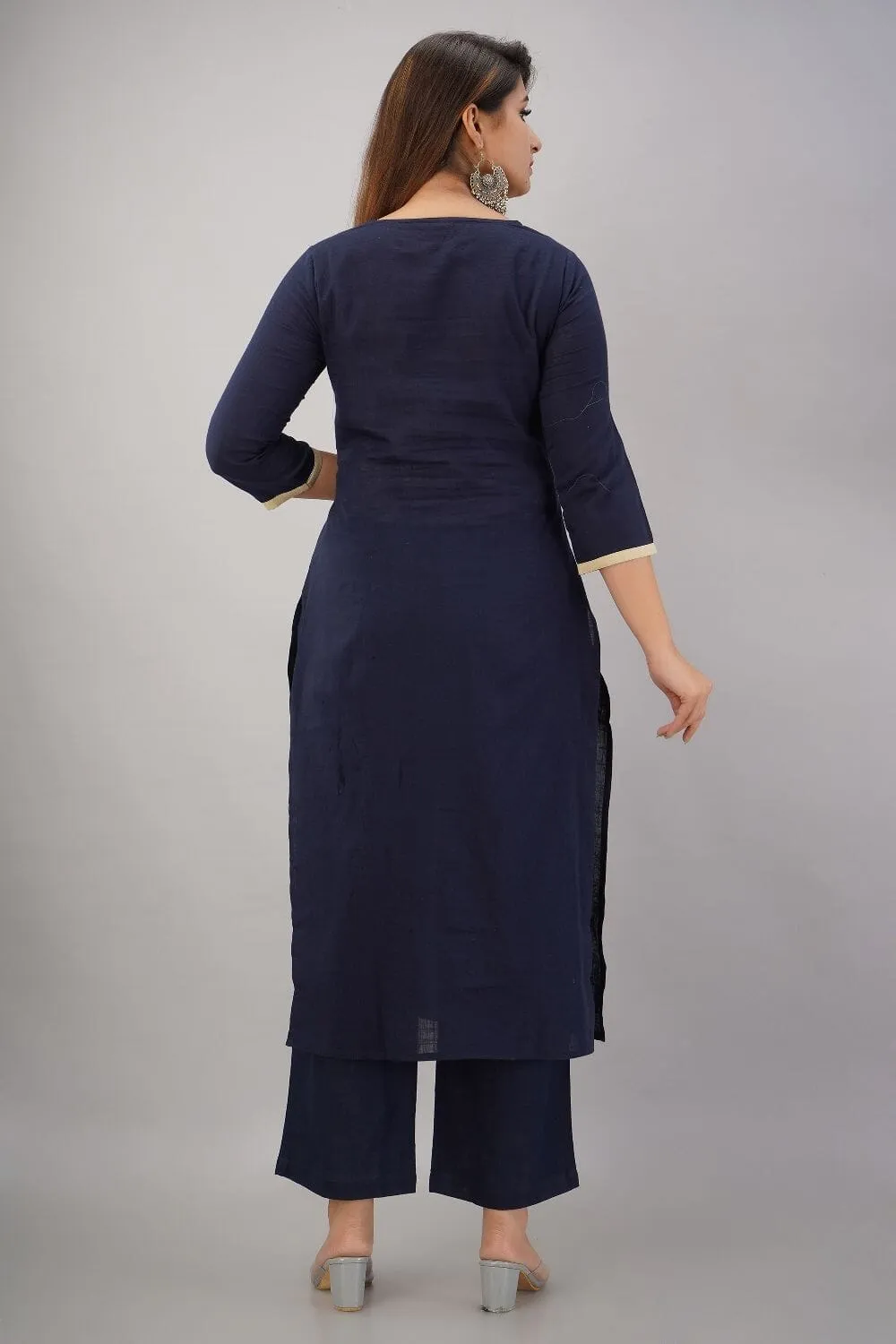 SVARCHI Women's Cotton Slub Embroidered Straight Kurta & Palazzo Set (Navy Blue)