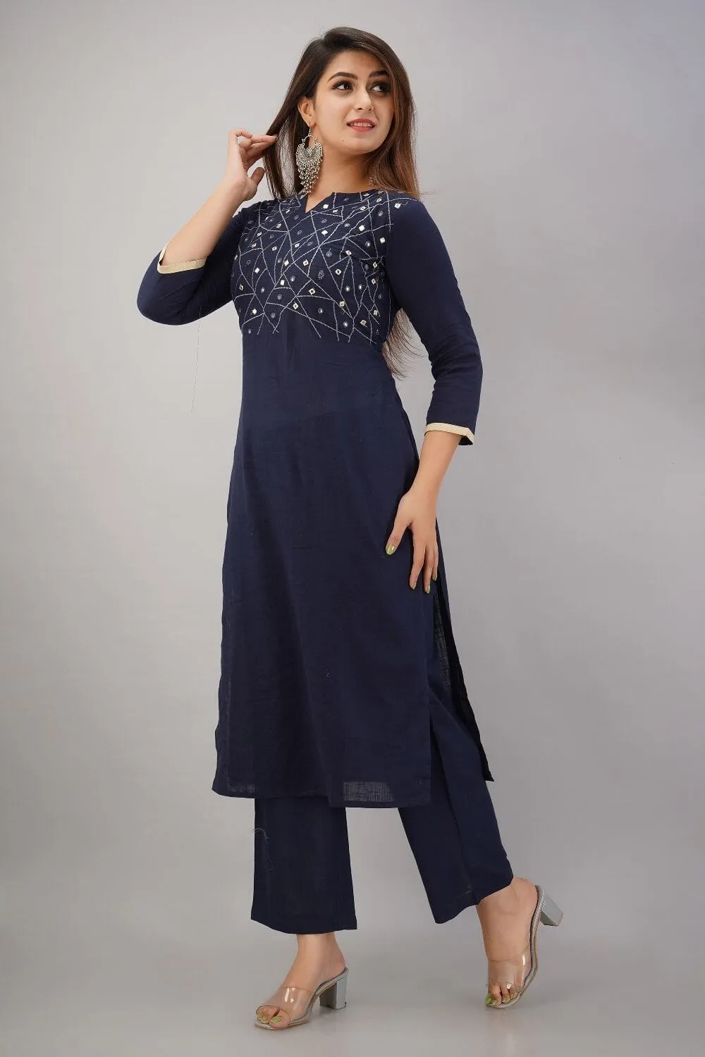 SVARCHI Women's Cotton Slub Embroidered Straight Kurta & Palazzo Set (Navy Blue)