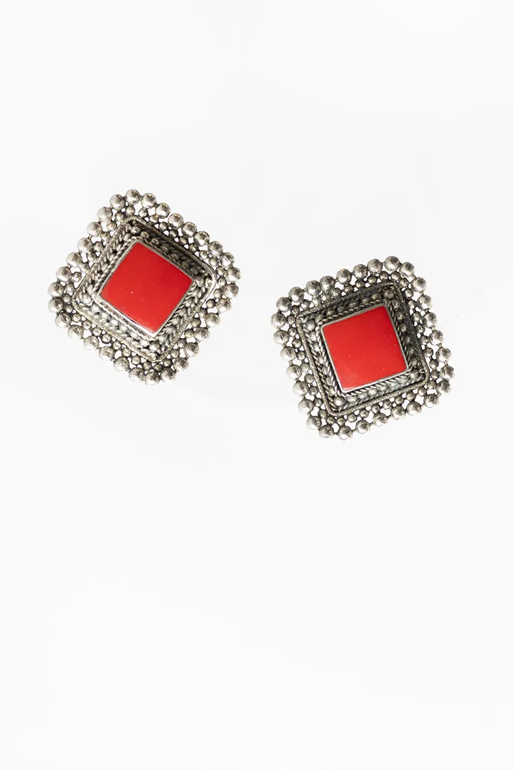 Vintage Red and Silver Scalloped Clip-On Earrings