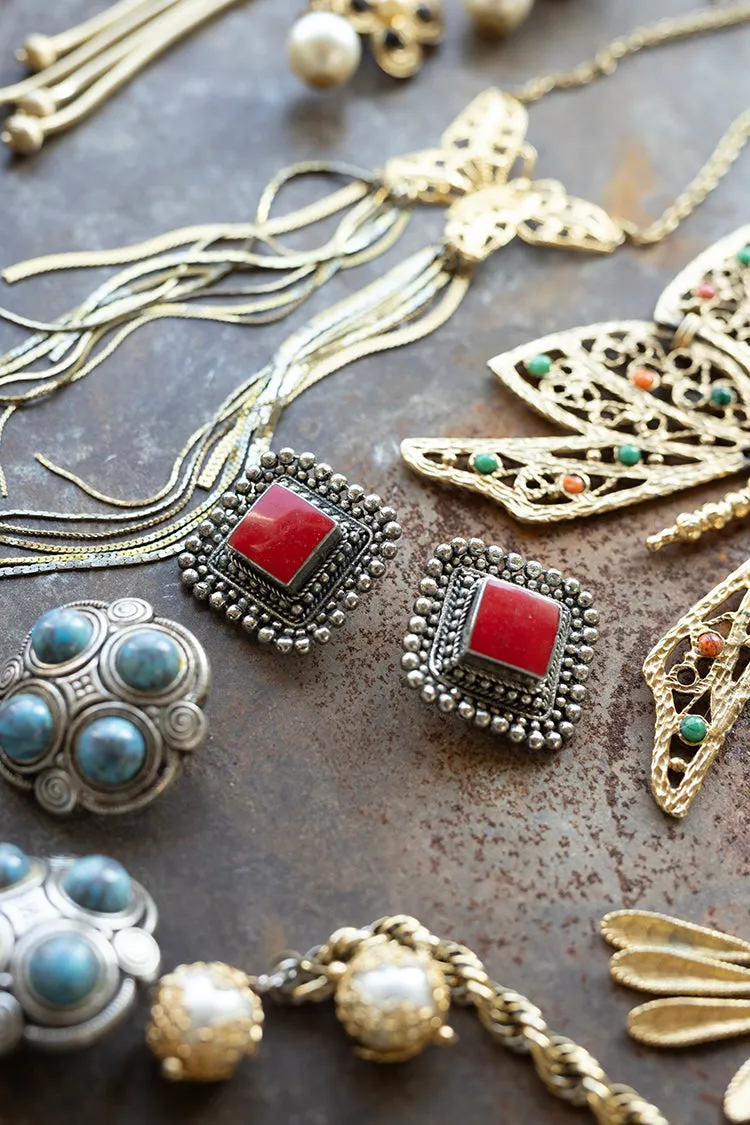 Vintage Red and Silver Scalloped Clip-On Earrings