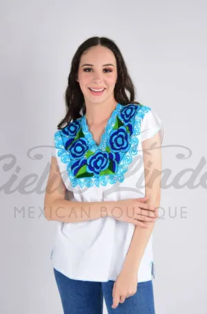 Zina White Top with Blue Embroidery